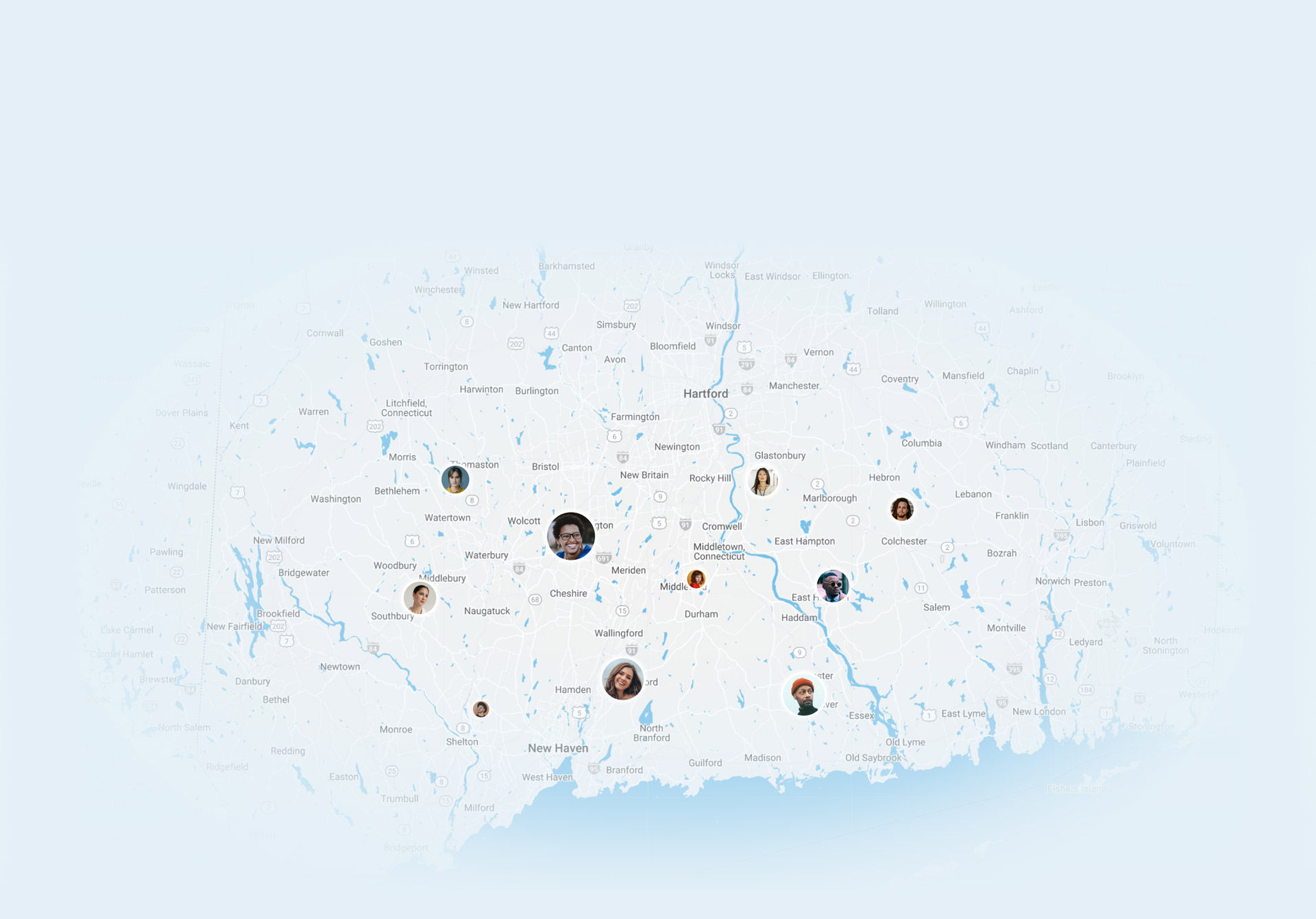 Alternative map of Connecticut featuring towns and cities with profile pictures representing caregivers spread out throughout the map.